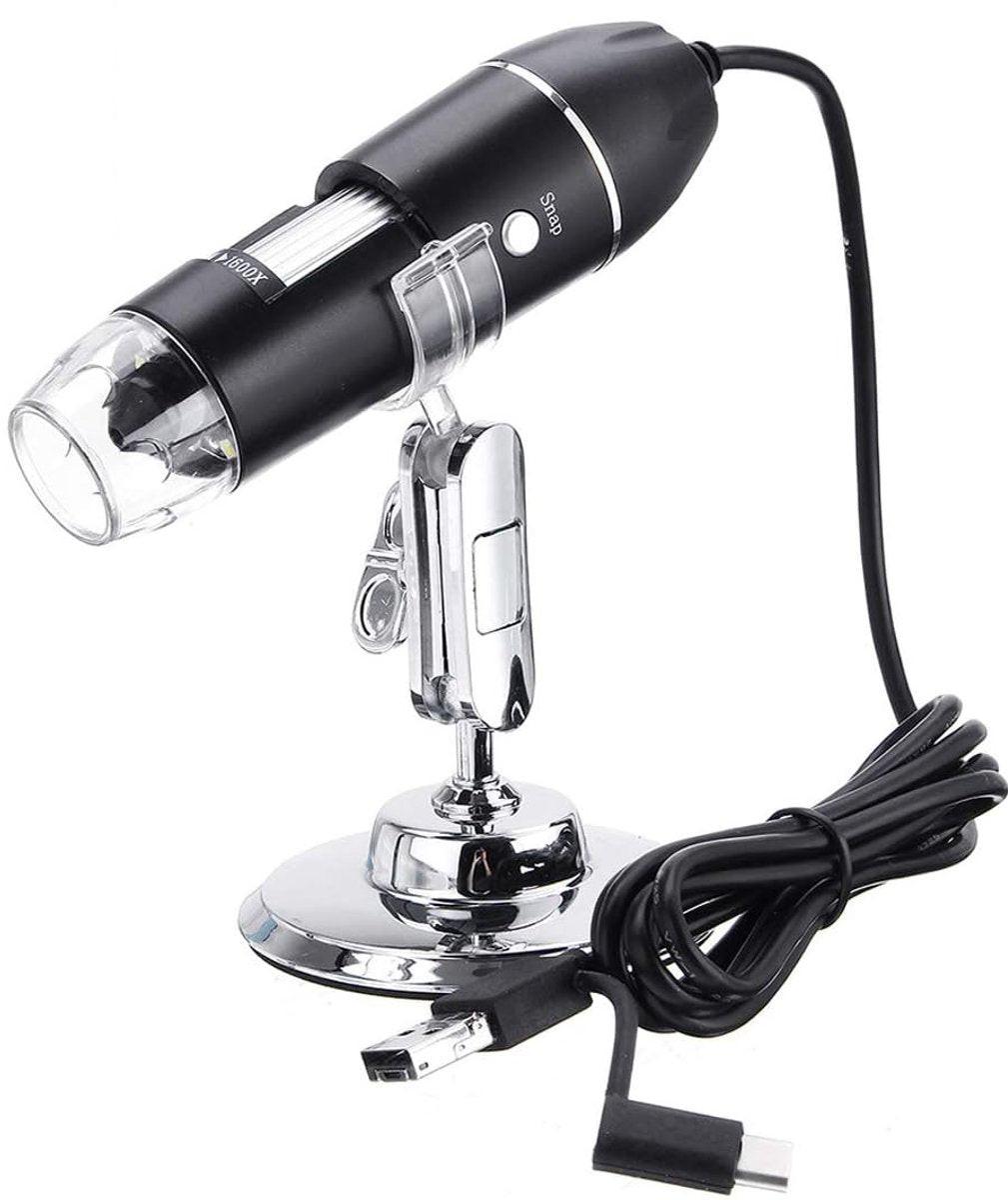 Microscope - Children's Microscope - USB Type-C Digital Microscope - 3 in 1, 50X-1600X Magnification - Adapter and Endoscope with Stand - Black.