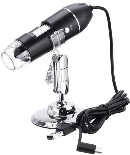 Microscope - Children's Microscope - USB Type-C Digital Microscope - 3 in 1, 50X-1600X Magnification - Adapter and Endoscope with Stand - Black.