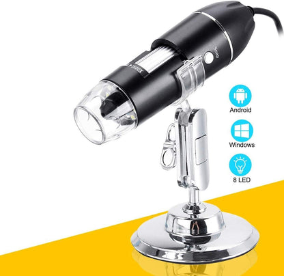 Microscope - Children's Microscope - USB Type-C Digital Microscope - 3 in 1, 50X-1600X Magnification - Adapter and Endoscope with Stand - Black.