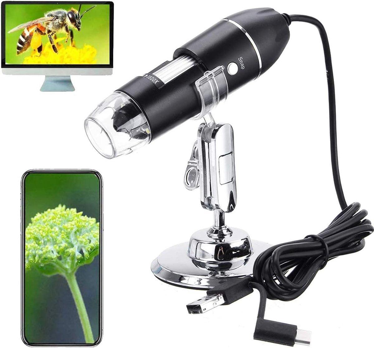 Microscope - Children's Microscope - USB Type-C Digital Microscope - 3 in 1, 50X-1600X Magnification - Adapter and Endoscope with Stand - Black.