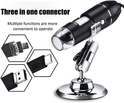 Microscope - Children's Microscope - USB Type-C Digital Microscope - 3 in 1, 50X-1600X Magnification - Adapter and Endoscope with Stand - Black.
