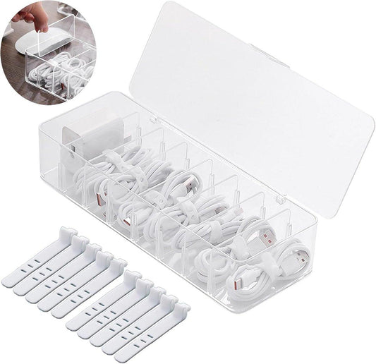 Cable storage box - Cable organizer with 10 cable ties - Cable storage box - Clear plastic storage box for office, workbench, living room, bedroom (large size with lid).