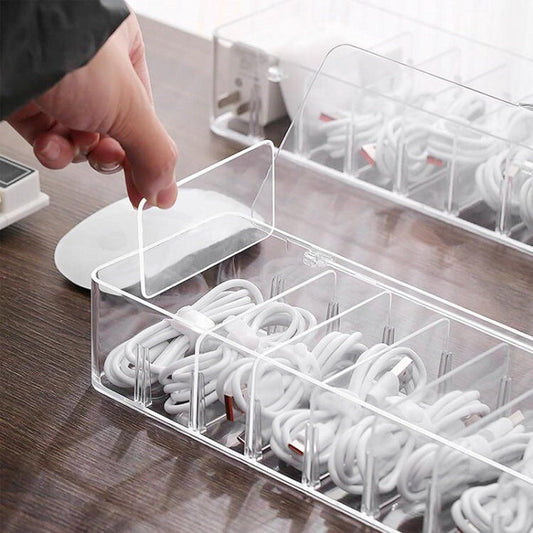 Cable storage box - Cable organizer with 10 cable ties - Cable storage box - Clear plastic storage box for office, workbench, living room, bedroom (large size with lid).