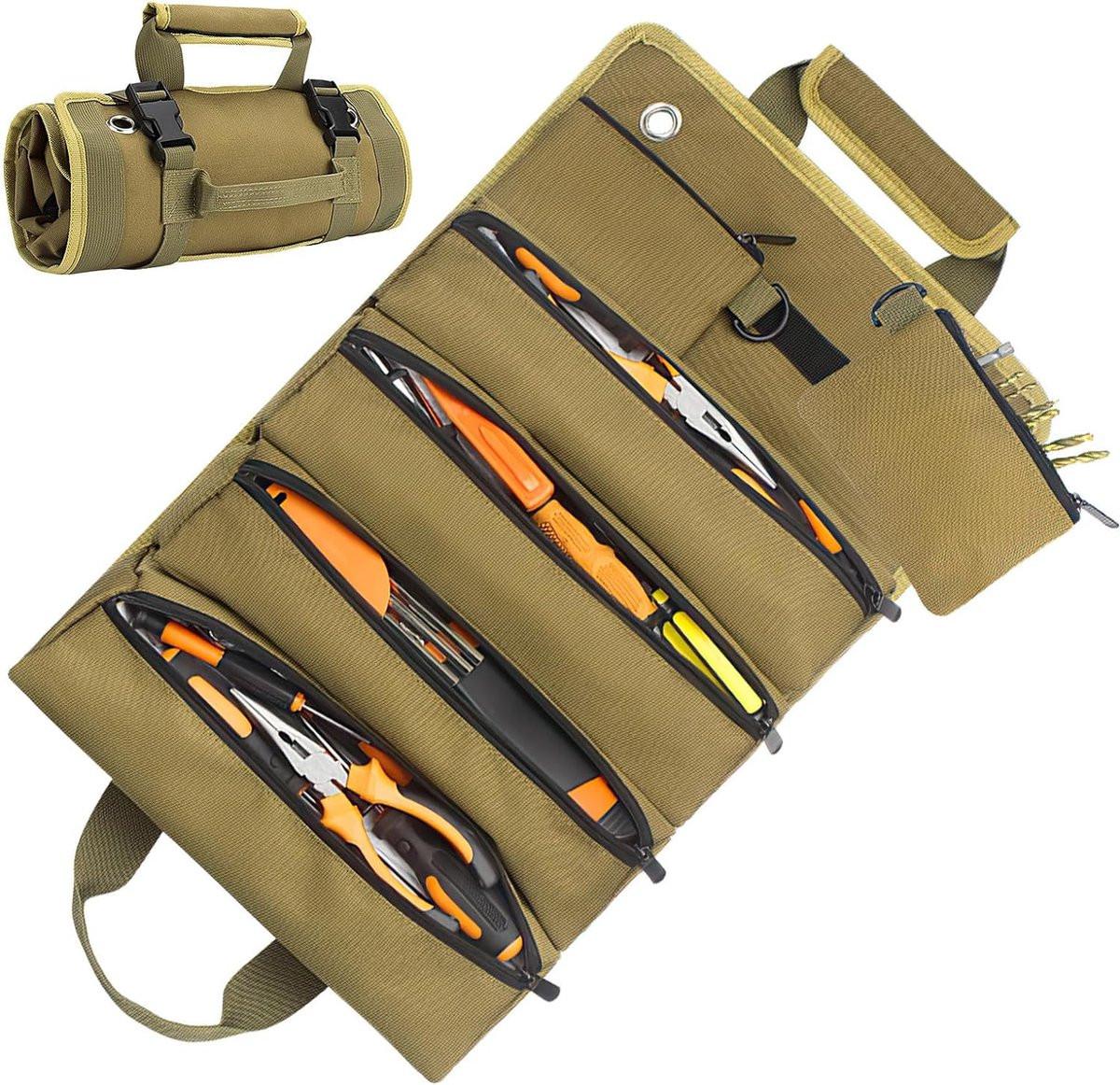 Roll-up tool bag - Tool belt - Open tool bag - with adjustable strap - Drill holder - Canvas - Roll-up pouch - Electrician's kit - Storage rack - Wrench organizer - No tool included!.