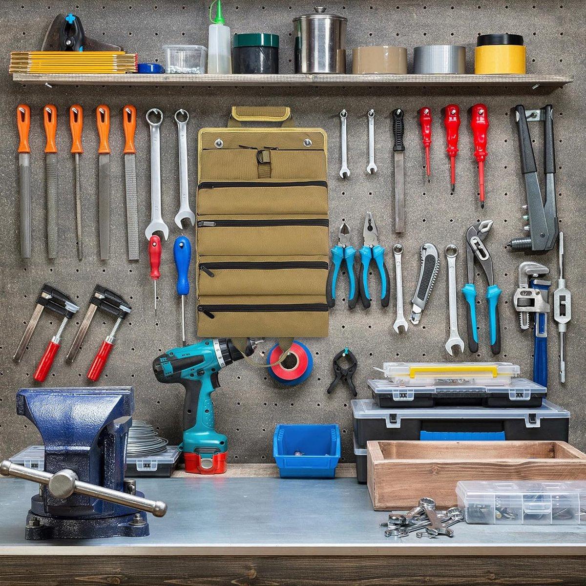 Roll-up tool bag - Tool belt - Open tool bag - with adjustable strap - Drill holder - Canvas - Roll-up pouch - Electrician's kit - Storage rack - Wrench organizer - No tool included!.