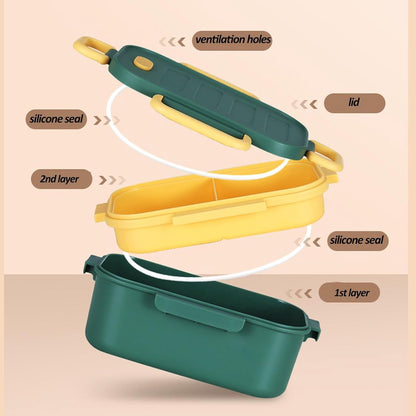 Adult lunch box with compartments, 1000 ml, leakproof, for men and women, double layer, ideal for the office, picnics (green)