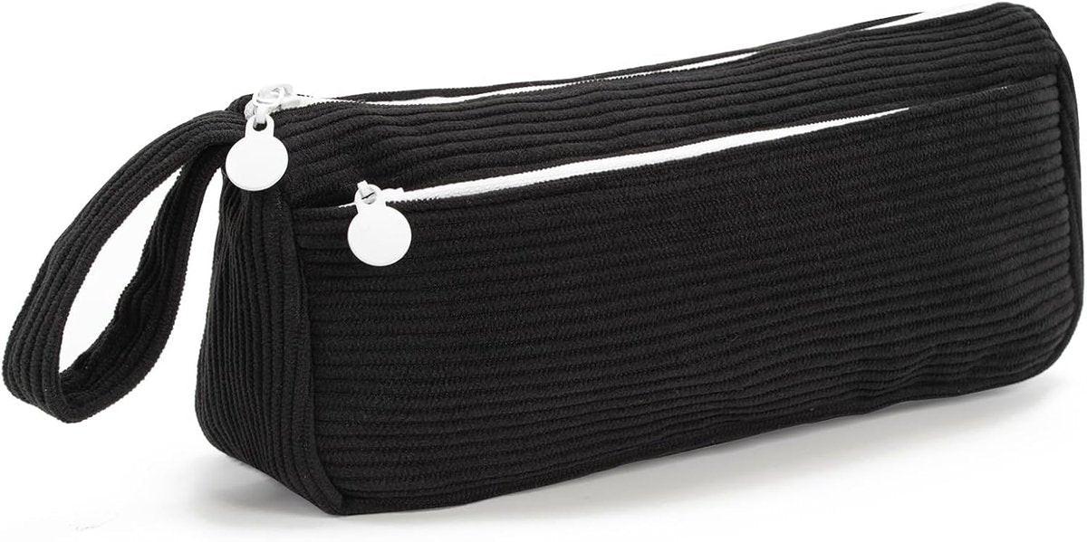 Corduroy Pencil Case - Cute pencil case with a convenient zipper - Makeup bag - Suitable for school-aged teenagers, boys and girls - black.