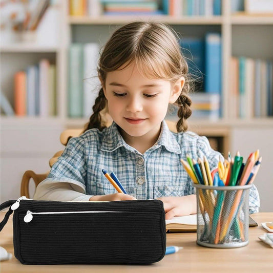 Corduroy Pencil Case - Cute pencil case with a convenient zipper - Makeup bag - Suitable for school-aged teenagers, boys and girls - black.
