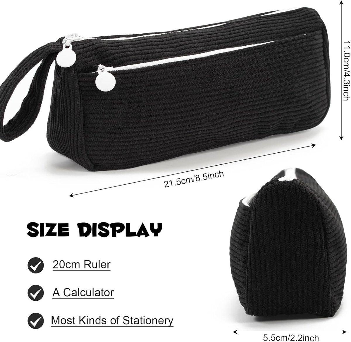 Corduroy Pencil Case - Cute pencil case with a convenient zipper - Makeup bag - Suitable for school-aged teenagers, boys and girls - black.