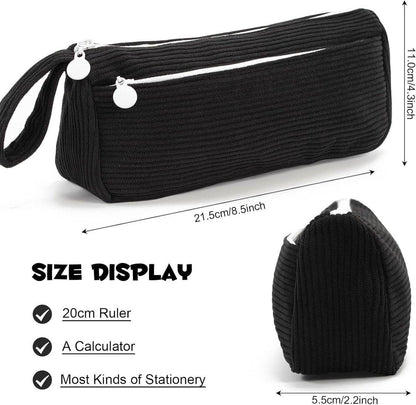 Corduroy Pencil Case - Cute pencil case with a convenient zipper - Makeup bag - Suitable for school-aged teenagers, boys and girls - black.