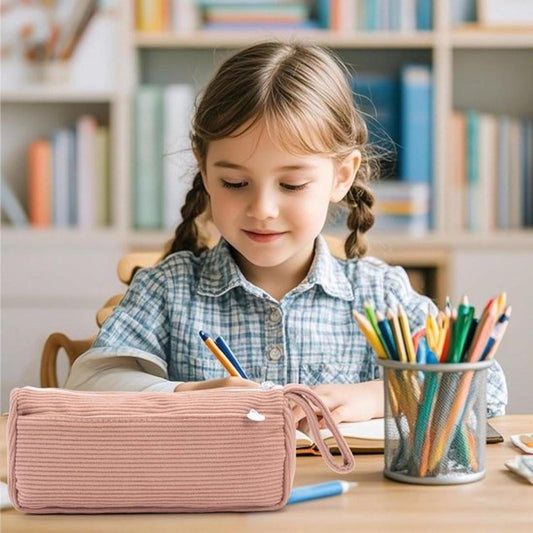Corduroy Pencil Case - Cute pencil case with a practical zipper - Makeup bag - Suitable for school-aged teenagers, boys and girls - brown.