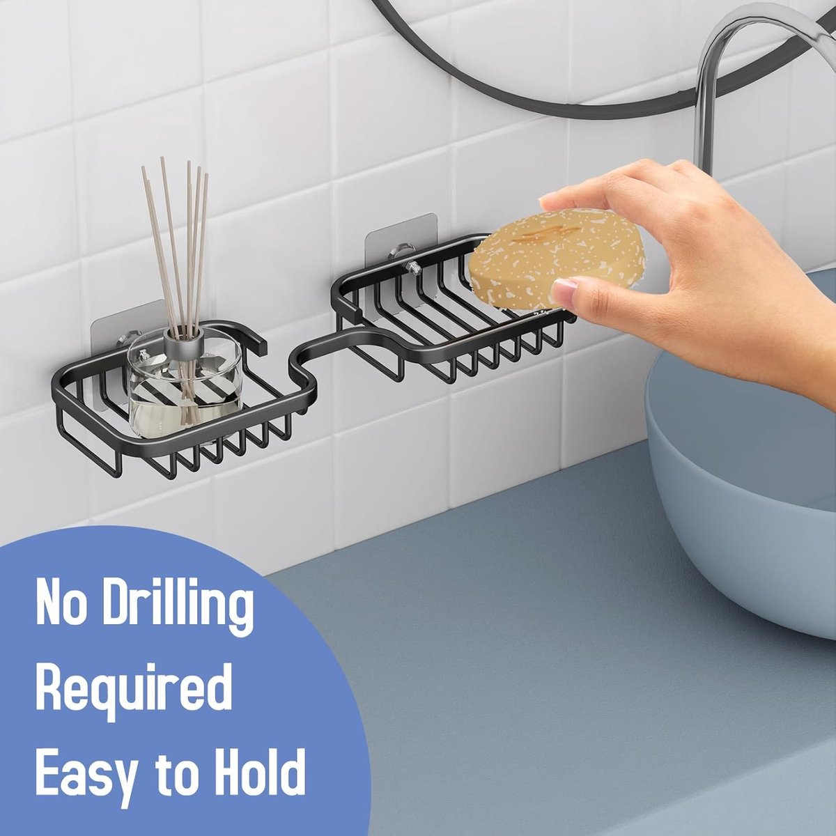Soap dish - 2 pieces - Soap dish - Shower - Bathroom - Black - Self-adhesive - Space aluminum