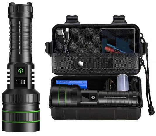 Rechargeable LED Flashlight - Military Flashlight - 5000 lumens - 26650 rechargeable battery - 6 modes - Power bank function - IP67 waterproof - Battery-powered flashlight.