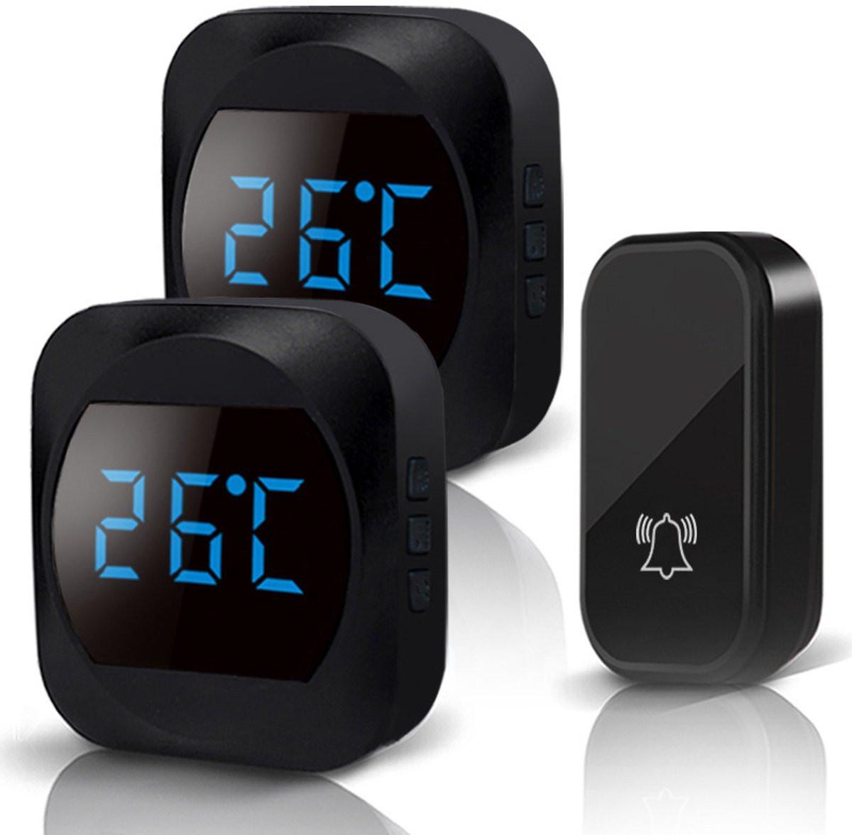 Wireless doorbell with LED, temperature display, waterproof electronic doorbell kit, with 2 plug-in receivers, 150m range, 4 volume levels, 38 melodies.