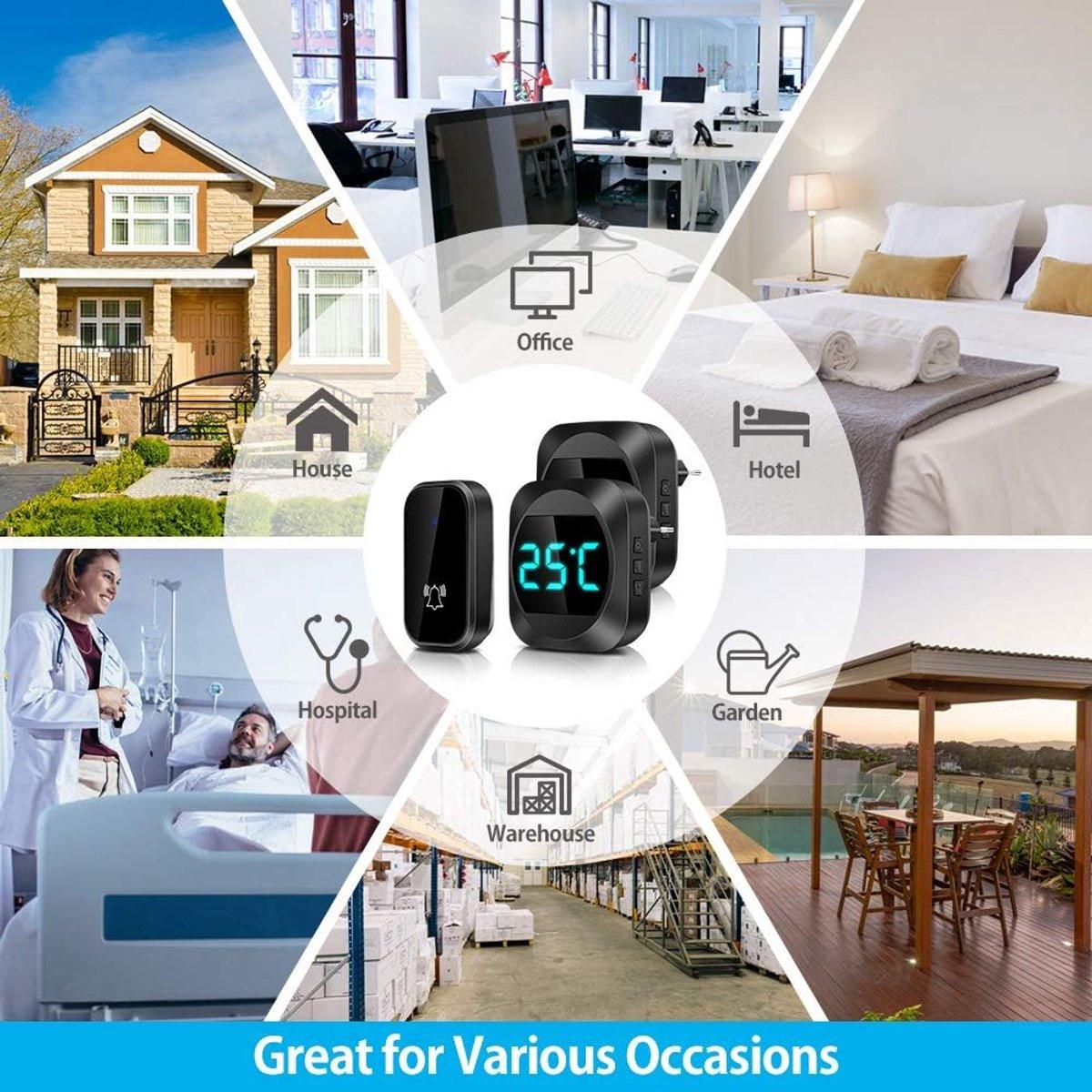 Wireless doorbell with LED, temperature display, waterproof electronic doorbell kit, with 2 plug-in receivers, 150m range, 4 volume levels, 38 melodies.