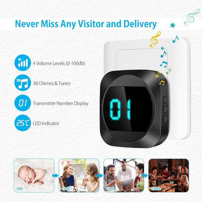 Wireless doorbell with LED, temperature display, waterproof electronic doorbell kit, with 2 plug-in receivers, 150m range, 4 volume levels, 38 melodies.