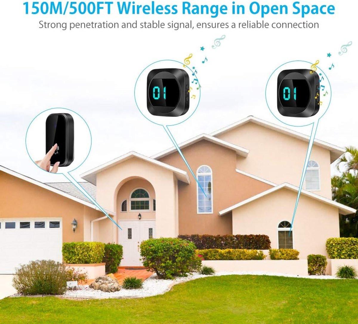 Wireless doorbell with LED, temperature display, waterproof electronic doorbell kit, with 2 plug-in receivers, 150m range, 4 volume levels, 38 melodies.