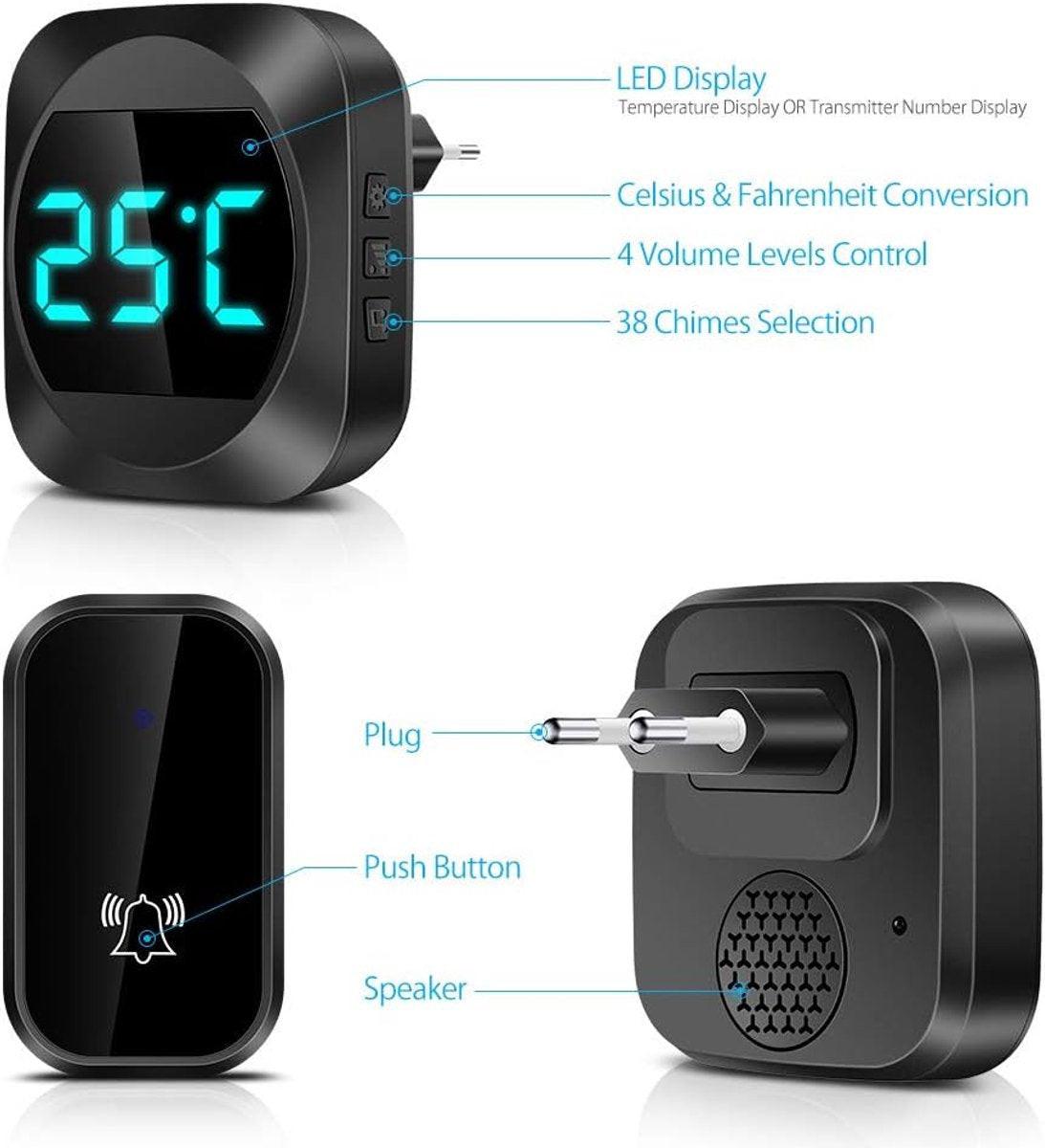 Wireless doorbell with LED, temperature display, waterproof electronic doorbell kit, with 2 plug-in receivers, 150m range, 4 volume levels, 38 melodies.
