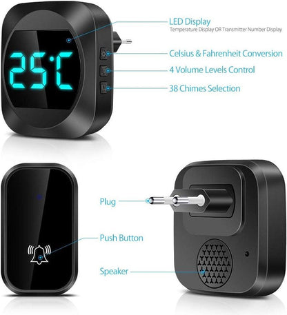 Wireless doorbell with LED, temperature display, waterproof electronic doorbell kit, with 2 plug-in receivers, 150m range, 4 volume levels, 38 melodies.