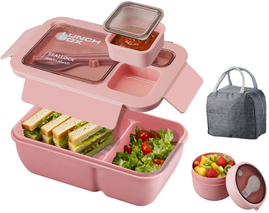 Bento Box - Bento Set with Cutlery - Lunch Bag - Lunch Box - Leakproof Food Container with Compartments - Lunch Box for Kids, School, Office, Picnic - Pink.