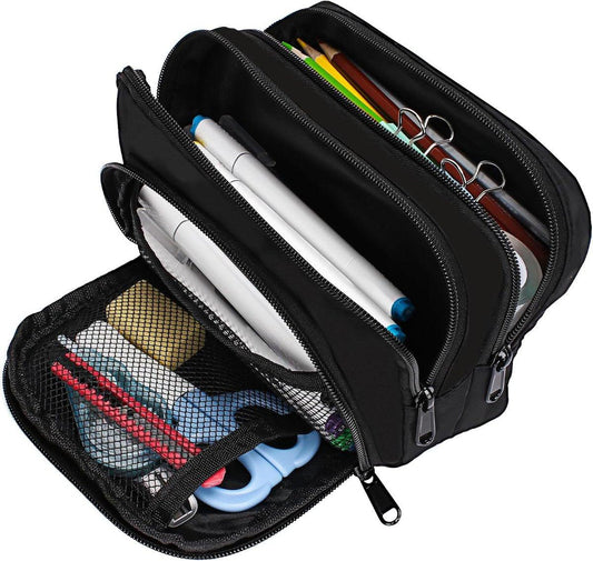 Large black pencil case with 3 compartments for school and office.