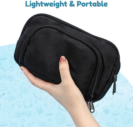 Large black pencil case with 3 compartments for school and office.