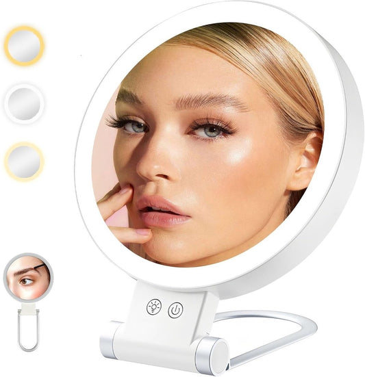 Mirror - Lighted Mirror - Makeup Mirror - 10x Magnifying Mirror - Double-Sided Lighted Makeup Mirror - Adjustable Brightness - Rechargeable and Foldable LED Desktop Mirror - Suitable for Bedroom, Bathroom, and Travel - Wit