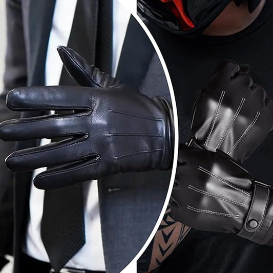 Winter Gloves - Men's Leather Winter Gloves - Black Lining - Warm Synthetic Leather - Touchscreen Compatible, Windproof and Anti-Slip - Perfect for Driving - Perfect for Christmas - Christmas Gift Idea