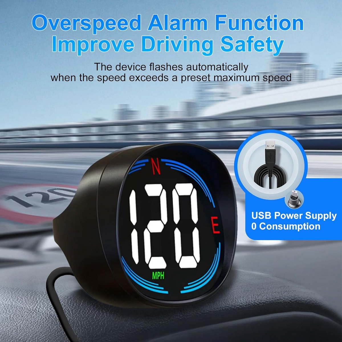 Speedometer - GPS Speedometer - Car Accessories - Universal Head-Up Display - MPH Speedometer - Plug and Play USB Connection - with Compass and Speed Alarm - for all vehicles