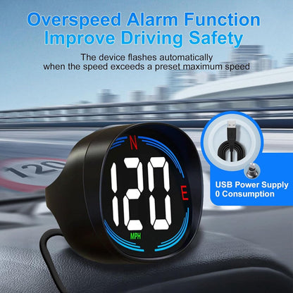 Speedometer - GPS Speedometer - Car Accessories - Universal Head-Up Display - MPH Speedometer - Plug and Play USB Connection - with Compass and Speed Alarm - for all vehicles