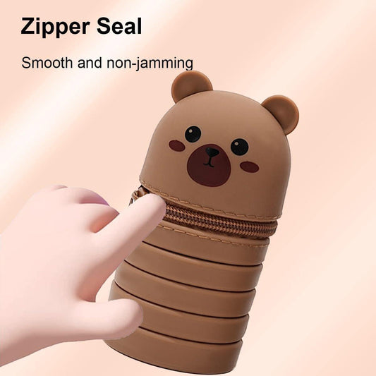 2-in-1 telescopic pencil case in soft silicone, cute kitten-shaped pencil case, ideal for storing stationery, brown, for girls and boys.
