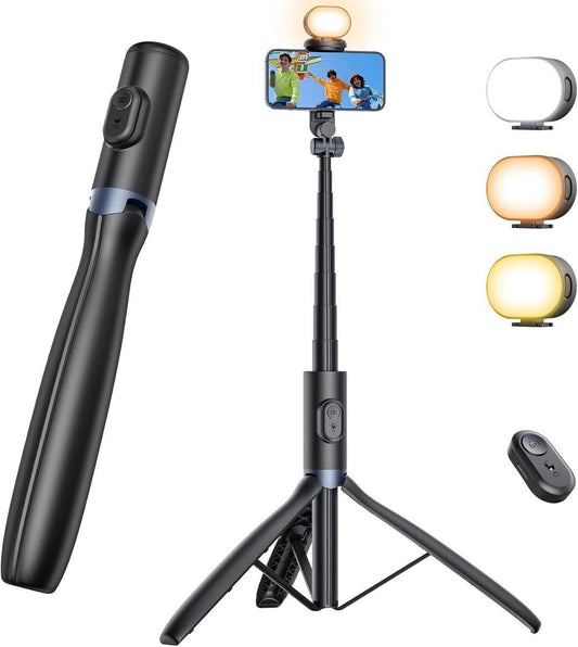 Mobile phone tripod with light, selfie stick tripod compatible with smartphone and GoPro cameras.