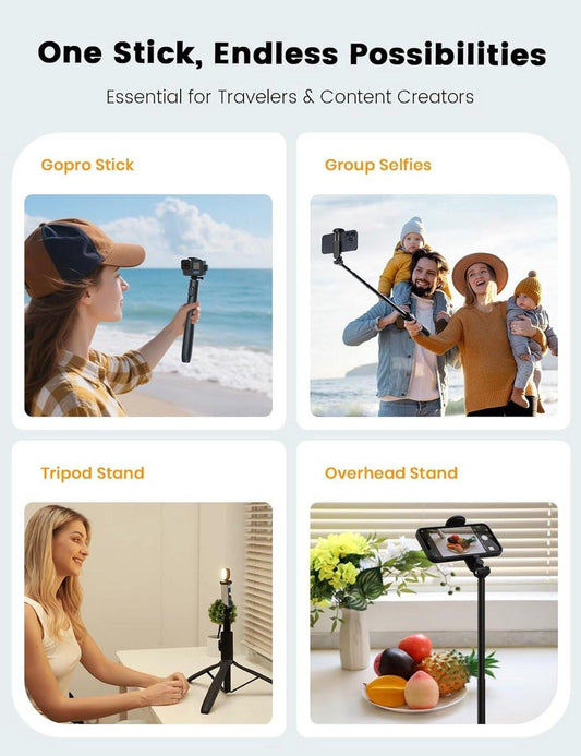 Mobile phone tripod with light, selfie stick tripod compatible with smartphone and GoPro cameras.