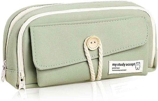 Expandable pencil case with 3 large compartments for girls, boys and students (light green), green, [light green, canvas].