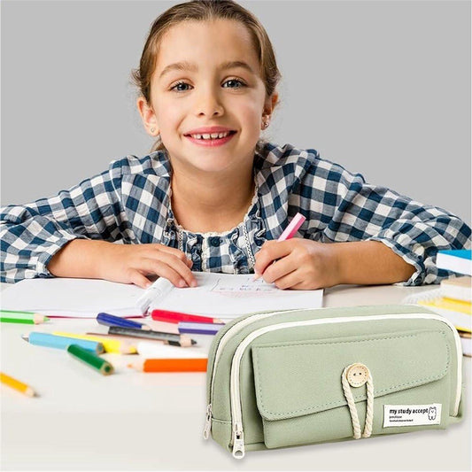 Expandable pencil case with 3 large compartments for girls, boys and students (light green), green, [light green, canvas].