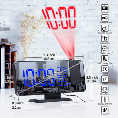 Radio Wekker digital projection with 4 dimmers and 180° rotation - 2 sounds - Groot 7.4'' mirror screen Black-Blue