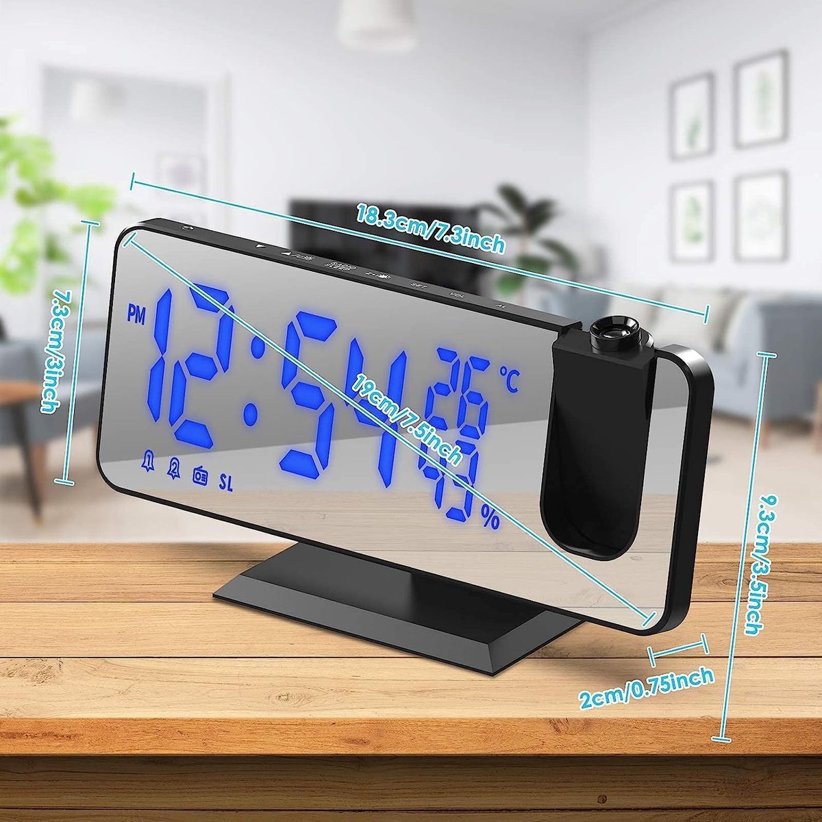 Radio Wekker digital projection with 4 dimmers and 180° rotation - 2 sounds - Groot 7.4'' mirror screen Black-Blue