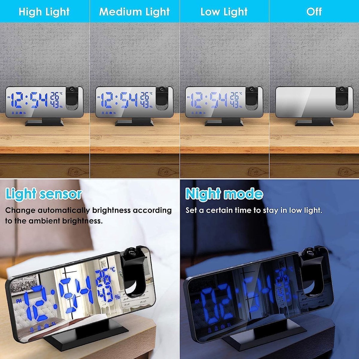 Radio Wekker digital projection with 4 dimmers and 180° rotation - 2 sounds - Groot 7.4'' mirror screen Black-Blue