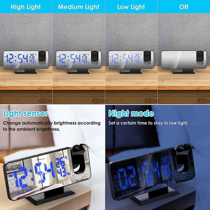 Radio Wekker digital projection with 4 dimmers and 180° rotation - 2 sounds - Groot 7.4'' mirror screen Black-Blue