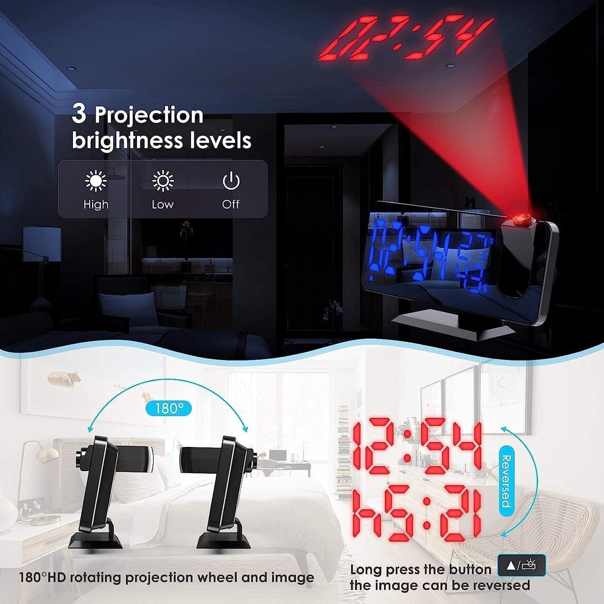 Radio Wekker digital projection with 4 dimmers and 180° rotation - 2 sounds - Groot 7.4'' mirror screen Black-Blue