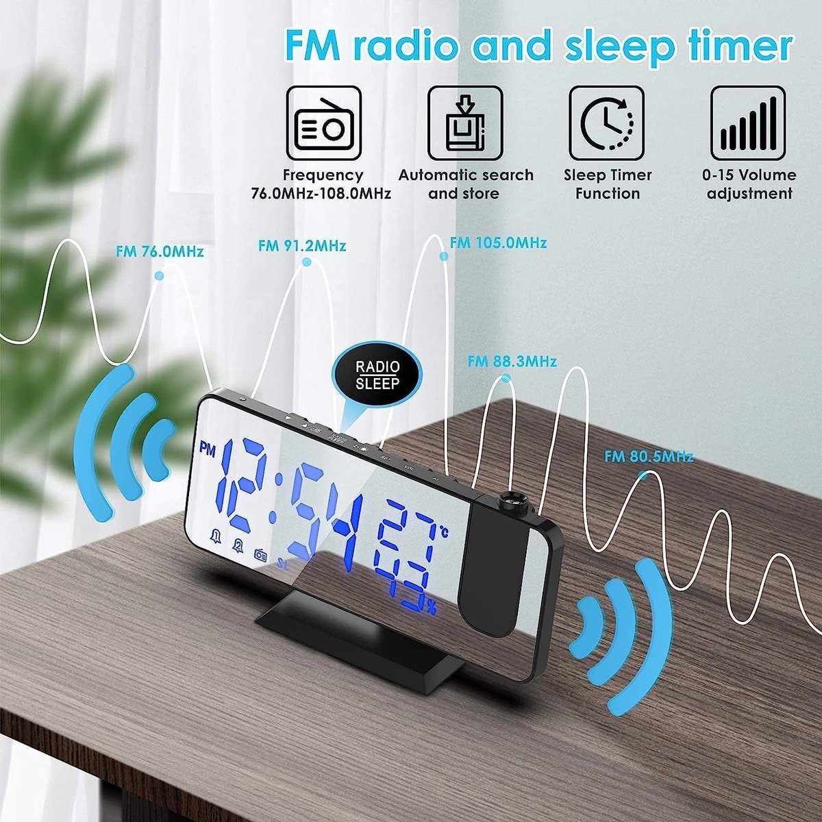Radio Wekker digital projection with 4 dimmers and 180° rotation - 2 sounds - Groot 7.4'' mirror screen Black-Blue