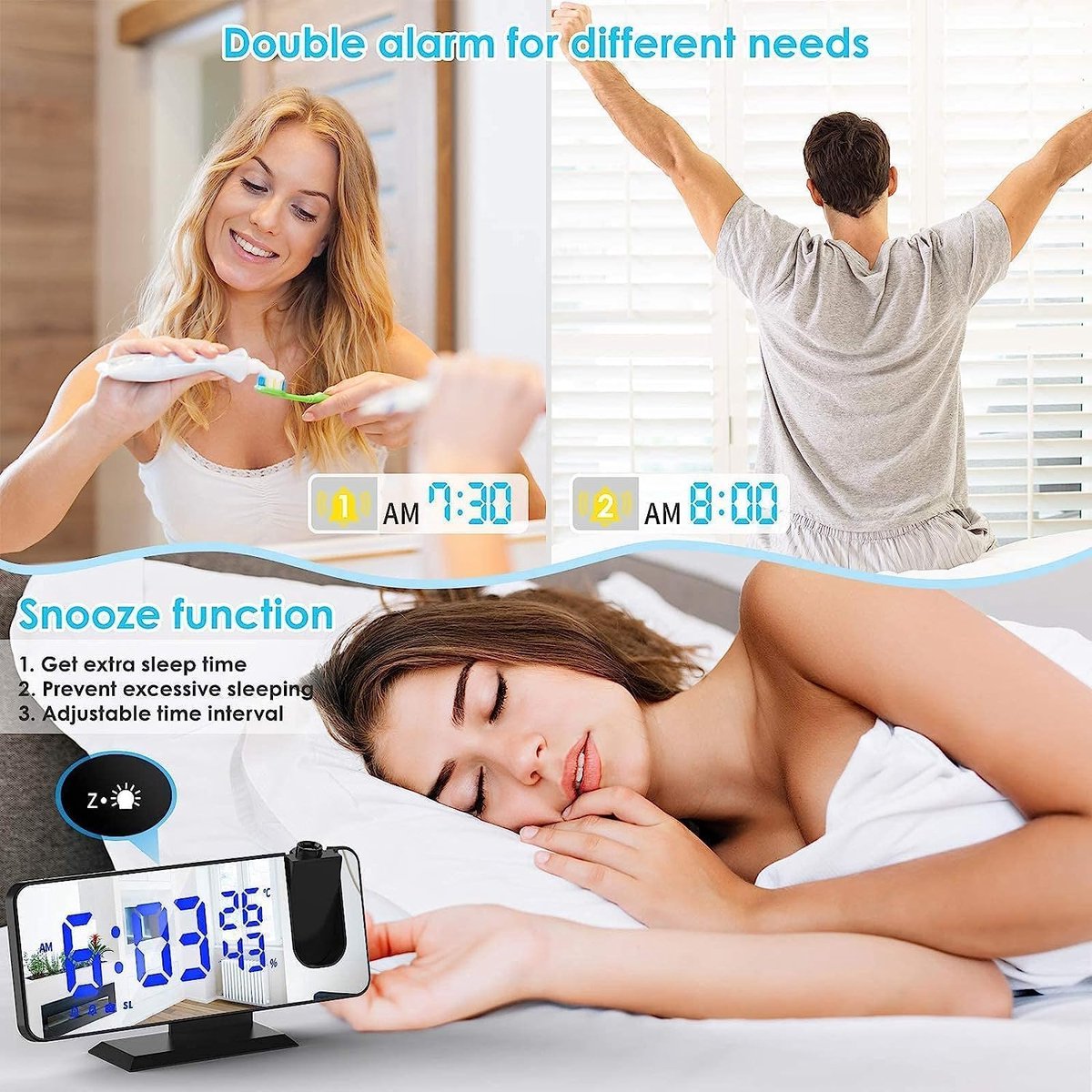 Radio Wekker digital projection with 4 dimmers and 180° rotation - 2 sounds - Groot 7.4'' mirror screen Black-Blue