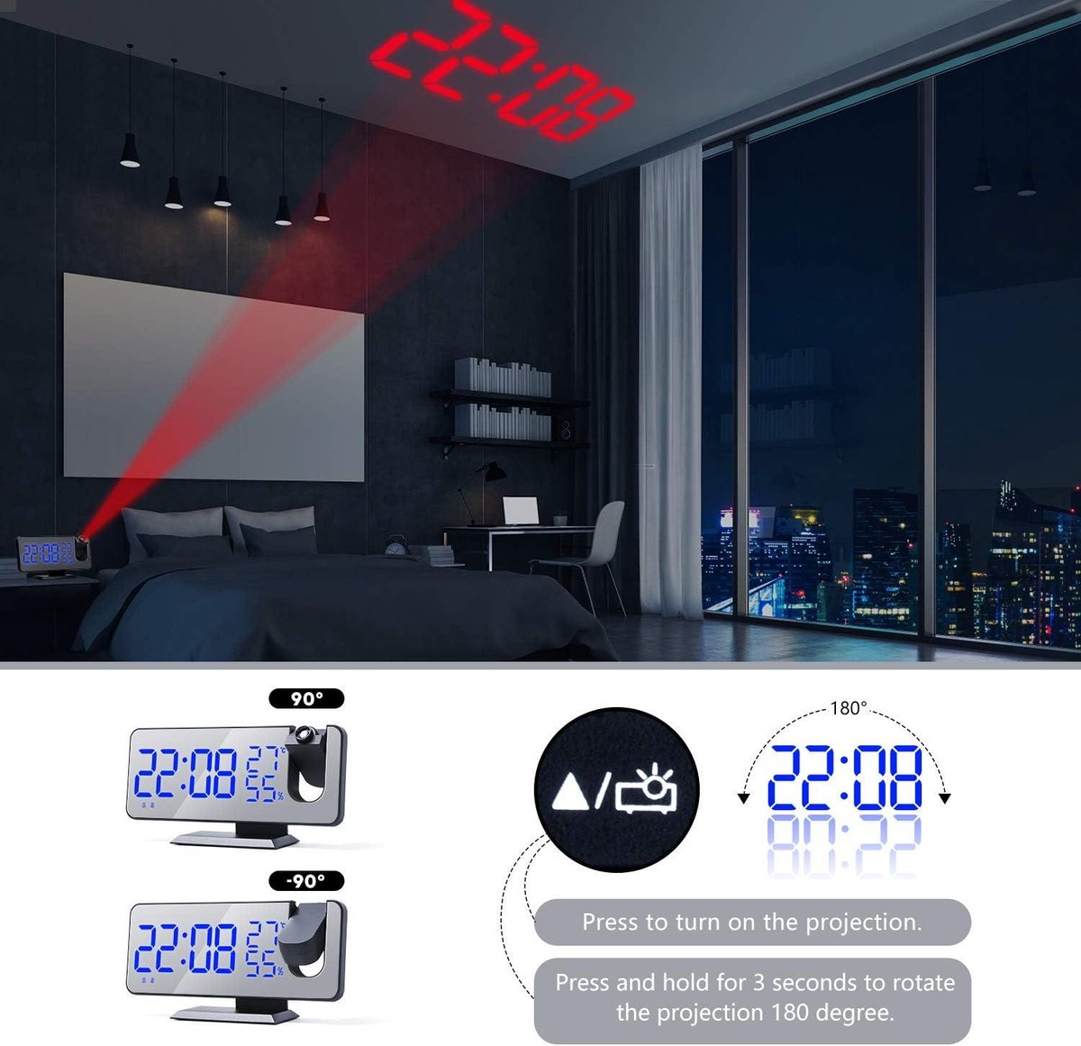 Radio Wekker digital projection with 4 dimmers and 180° rotation - 2 sounds - Groot 7.4'' mirror screen Black-Blue