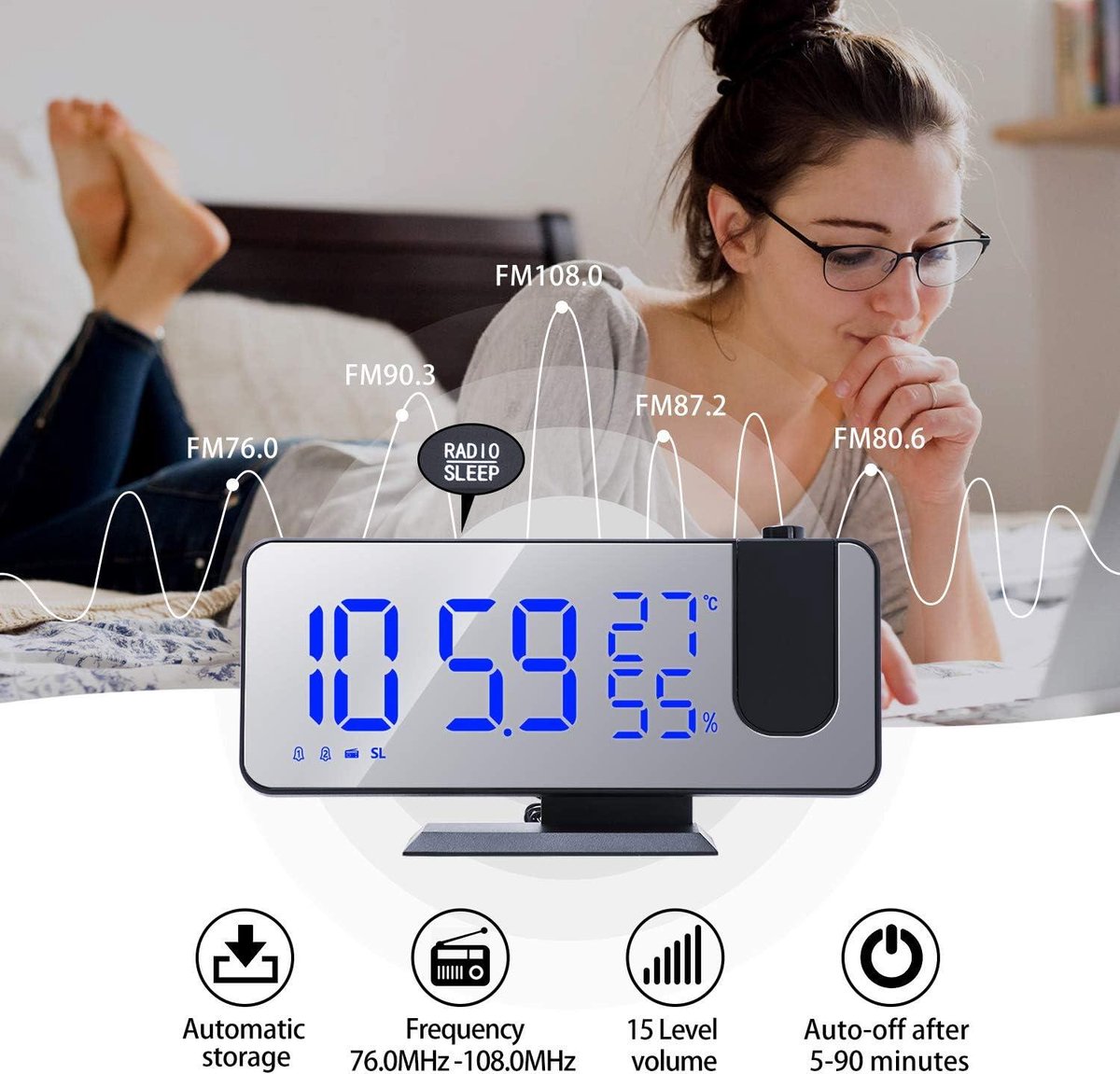 Radio Wekker digital projection with 4 dimmers and 180° rotation - 2 sounds - Groot 7.4'' mirror screen Black-Blue