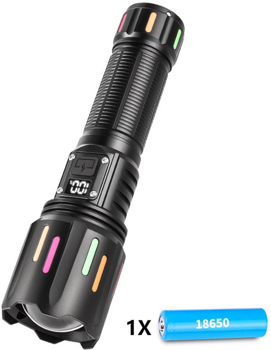 High power white laser LED flashlight, waterproof, rechargeable, Type-C, zoom function - including 18650 battery..