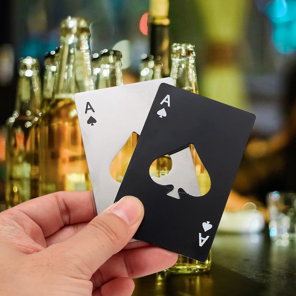 Bottle opener set - Practical and fun bottle opener - Fits in a wallet - Ideal gift for dad - Beers - Soft drinks - Baking soda and poker - Black and silver (20 - Black - White).