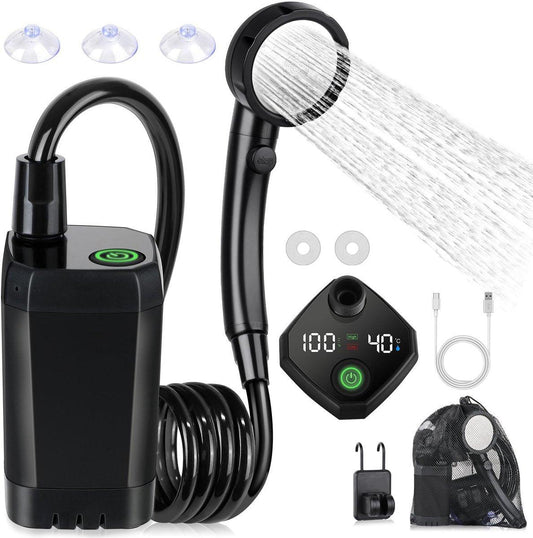 Portable Camping Shower - 6000mAh Rechargeable Shower Pump - With Smart LED Display - 4 Spray Modes - IPX7 Waterproof Outdoor Shower - For Hiking, Travel, Car, Pets - Black.