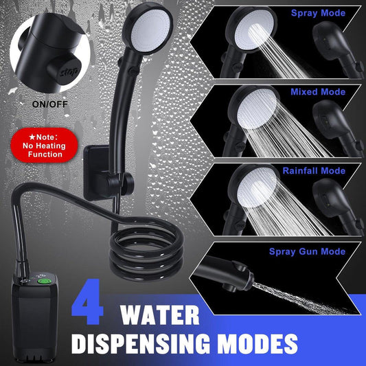 Portable Camping Shower - 6000mAh Rechargeable Shower Pump - With Smart LED Display - 4 Spray Modes - IPX7 Waterproof Outdoor Shower - For Hiking, Travel, Car, Pets - Black.