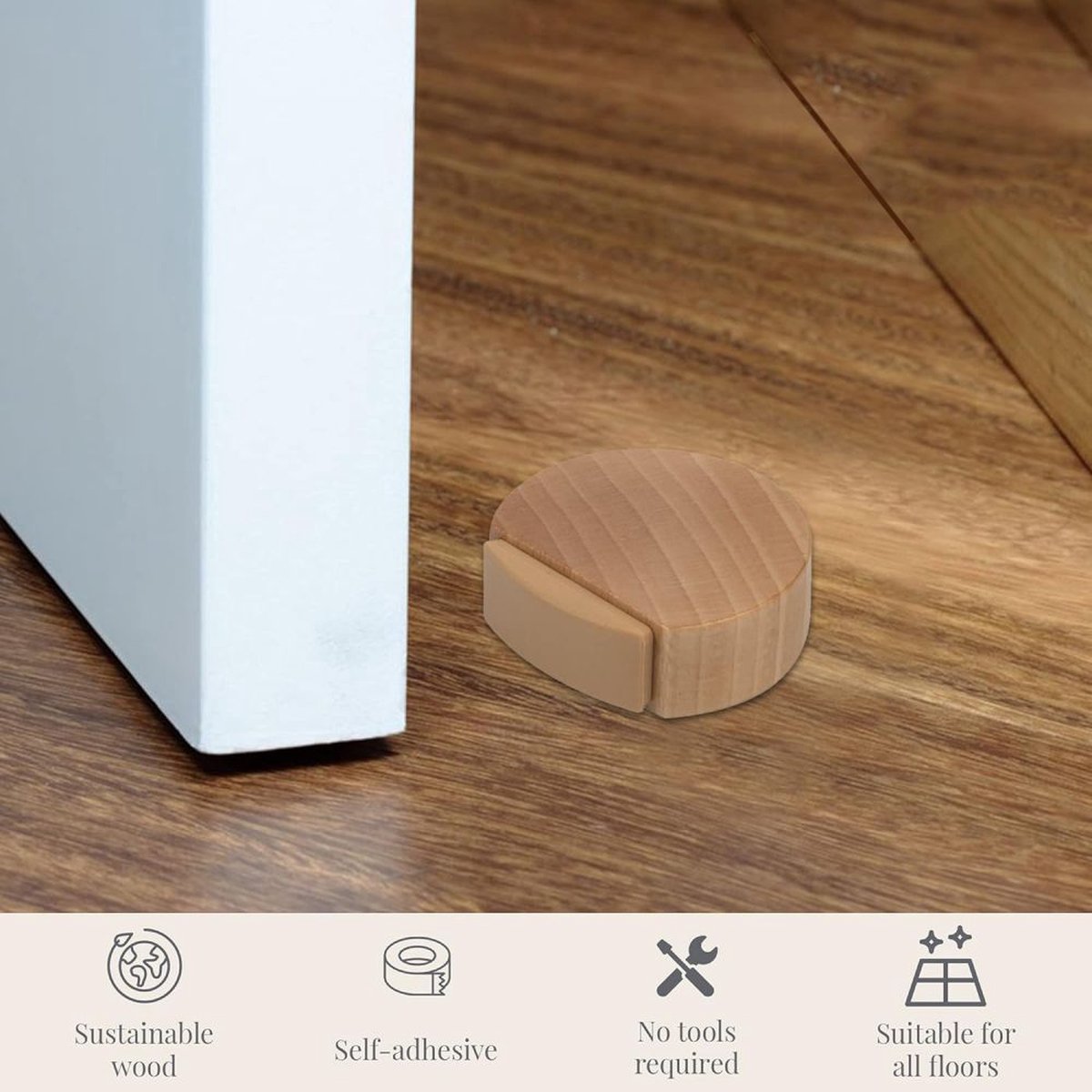 Round wooden doorstop, shockproof and anti-slip, set of 6, 4.5 x 4.2 x 1.6 cm, for floor and parquet, light brown, 45 x 42 x 16 mm.