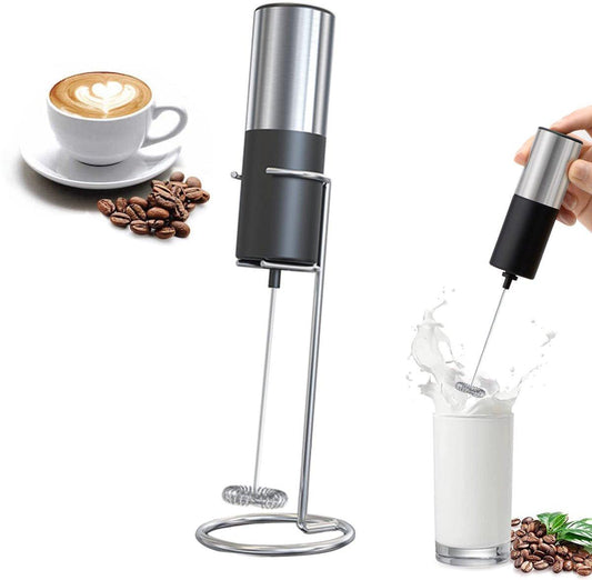 Electric milk frother - Manual milk frother - Mini milk mixer - With stand - No plug - Convenient for camping - Black.